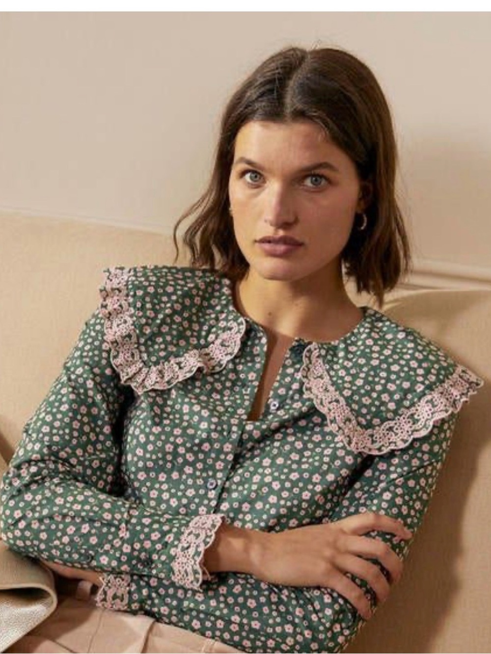 Boden Green Floral Button-Front Blouse with Pink Lace Collar